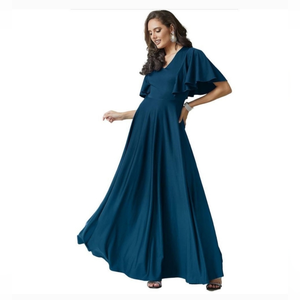 KOH KOH Dark Royal Blue Maxi Dress with Flowing Sleeves